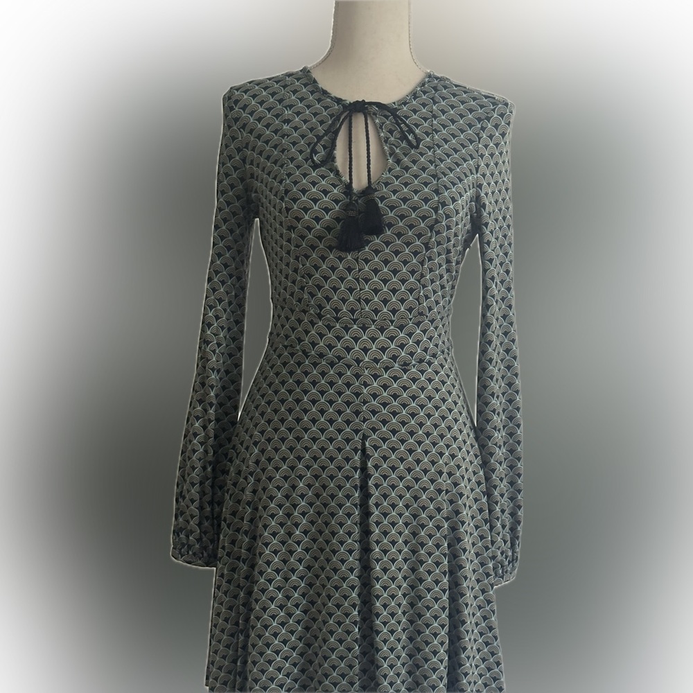 Juicy Couture viscose art deco motif (sky blue and navy and tan) dress.